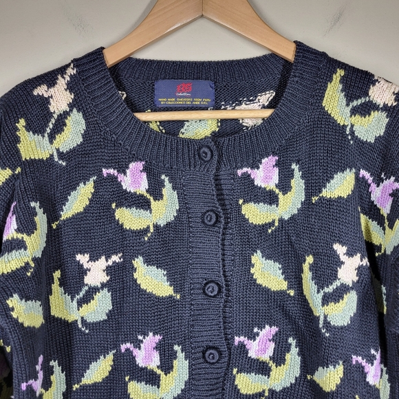 Vintage Handmade Peru Peruvian Floral Button Front Cardigan Knit Medium READ - Picture 2 of 6